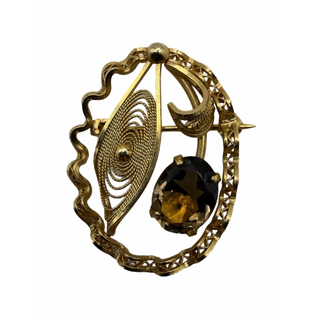Dixelle Vintage 12K Gold Filled Smoky Quartz Filigree Leaf Brooch Pin 12KGF